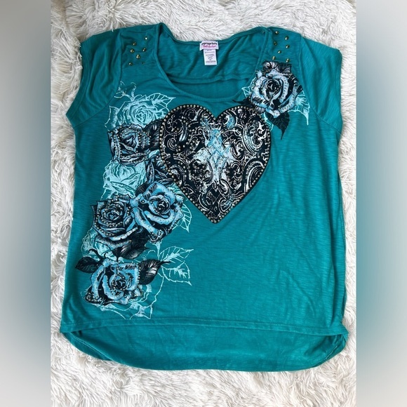 blue rose embellished short sleeve top size XXL - Picture 2 of 16
